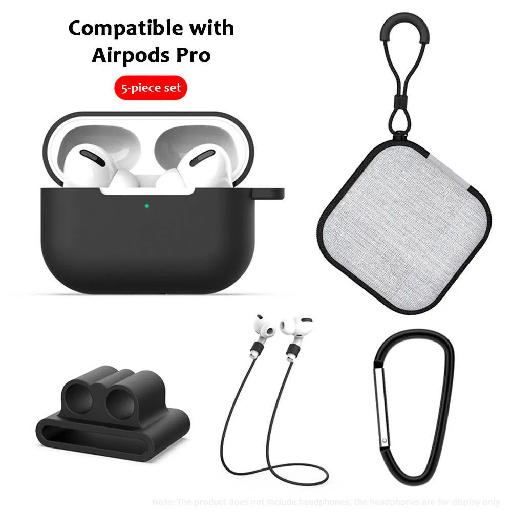 5 in1 Protective Case Compatible with Apple AirPods Pro Charging Case Silicone Cover   Watch Band Holder   Anti-lost Straps   Storage Bag   Hook Earphone Protector Accessories