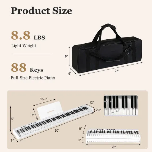 88-Key Folding Electric Lighted Piano Full-Size Portable Keyboard MIDI-White