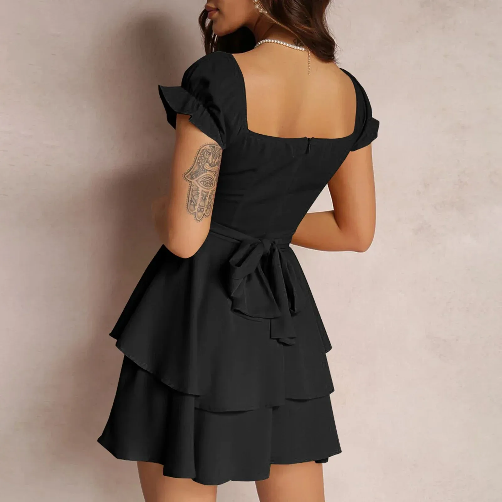 A-Line Solid Color Ruffled Sleeves Square Neck Layered Hem Ladies Evening Summer Mini Dress