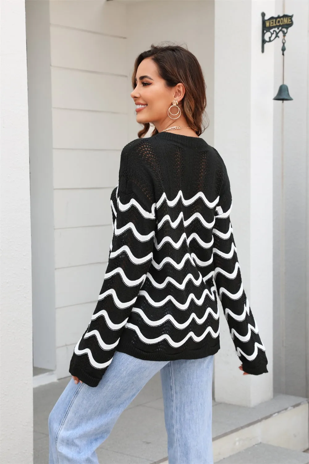 Angel Wings Wave Pattern Round Neck Long Sleeve Sweater