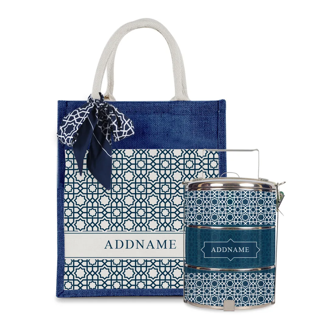 Annas Series - Prussian Blue Colorful Jute Bag with Front Pocket with Tiffin Carrier Set