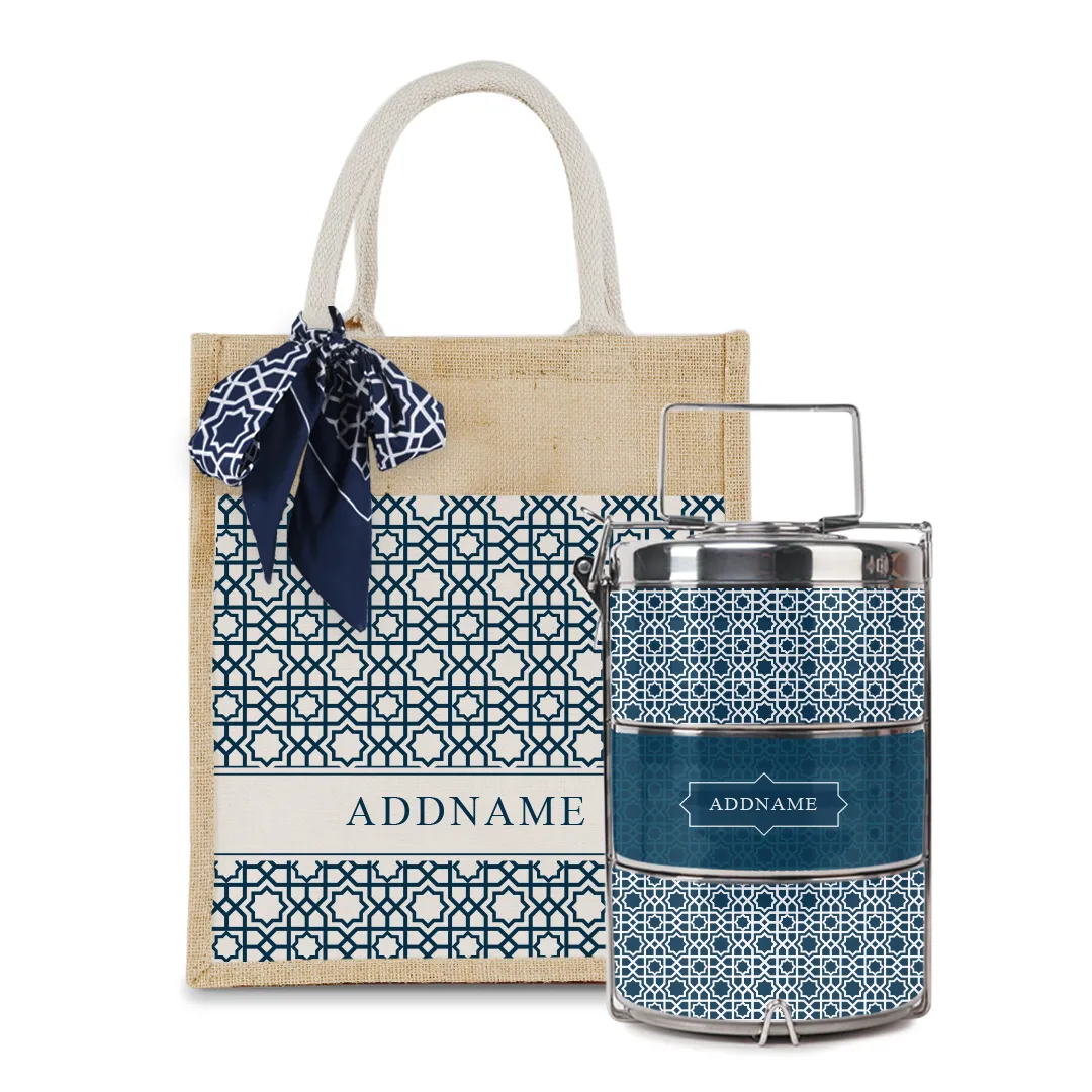 Annas Series - Prussian Blue Colorful Jute Bag with Front Pocket with Tiffin Carrier Set