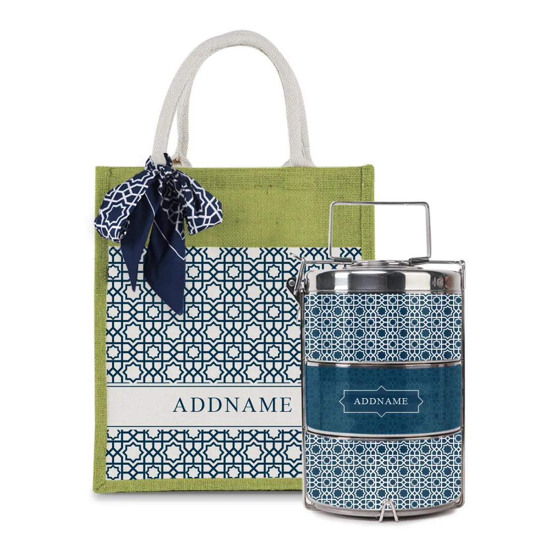 Annas Series - Prussian Blue Colorful Jute Bag with Front Pocket with Tiffin Carrier Set