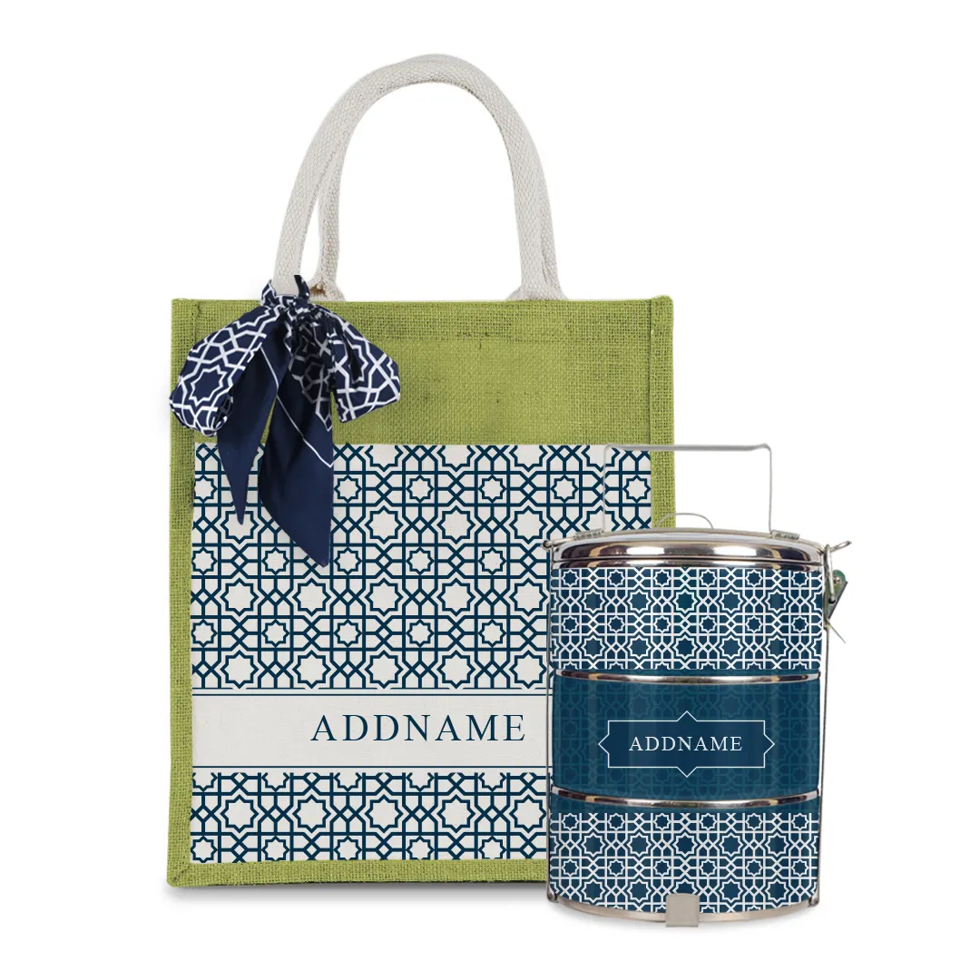 Annas Series - Prussian Blue Colorful Jute Bag with Front Pocket with Tiffin Carrier Set