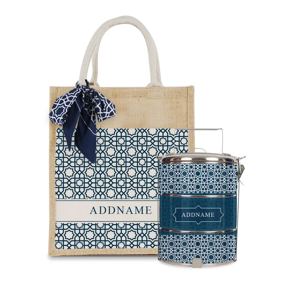 Annas Series - Prussian Blue Colorful Jute Bag with Front Pocket with Tiffin Carrier Set