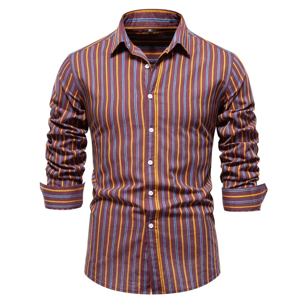 Autumn 100% Cotton Striped Shirt for Men Long Sleeve  Turn-down Collar Social Mens Shirts Classic Business Men Clothing