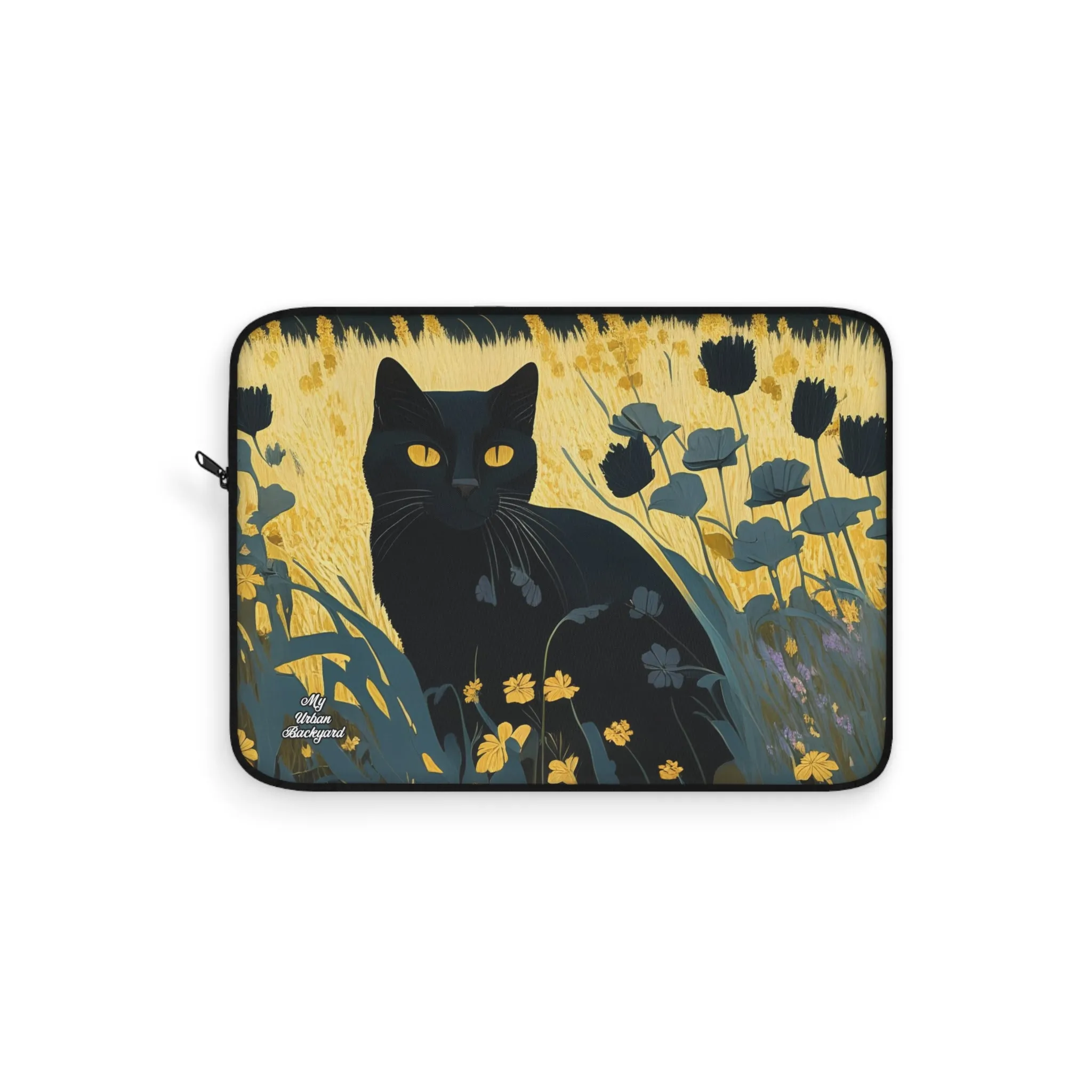 Black Cat with Black Flowers, Laptop Carrying Case, Top Loading Sleeve for School or Work