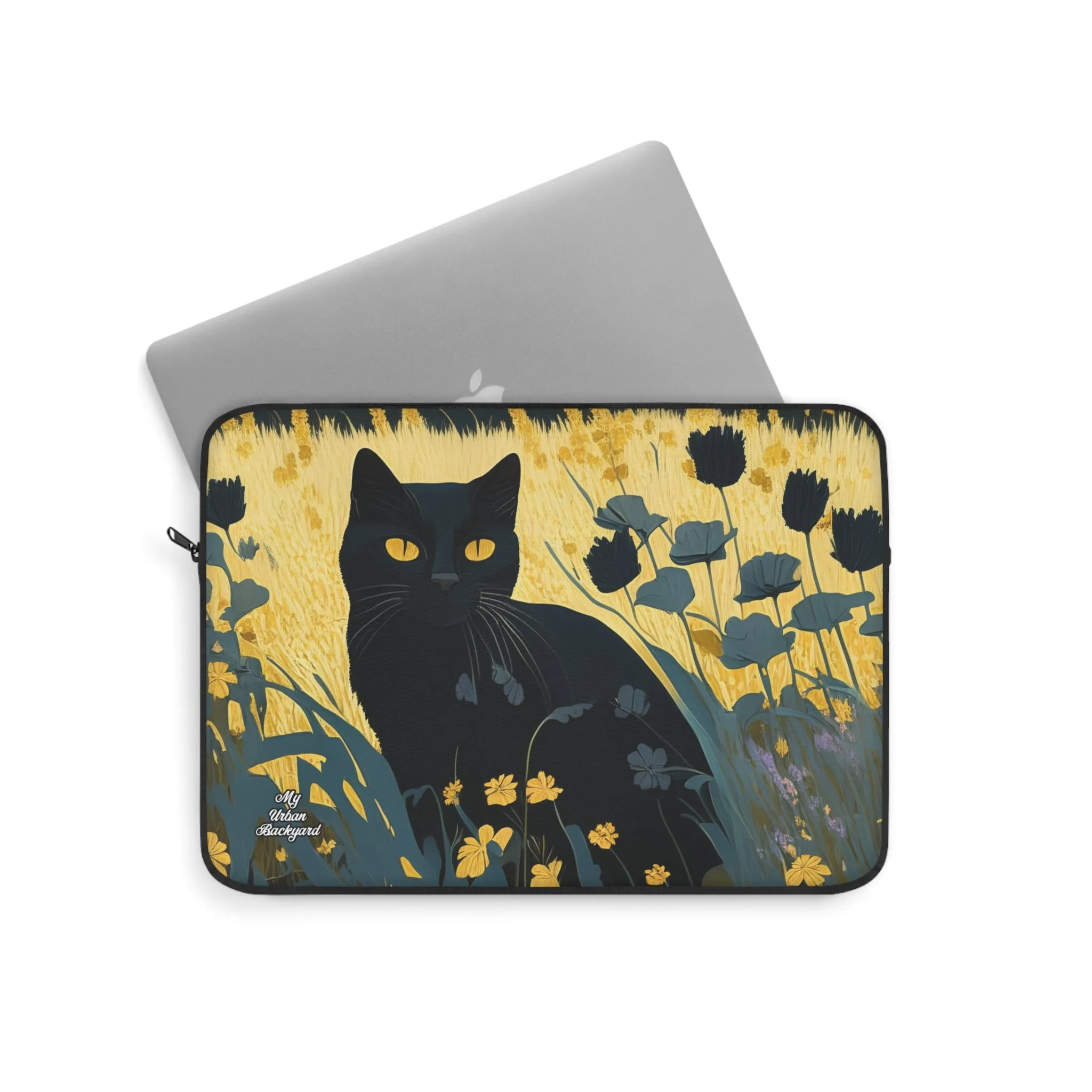 Black Cat with Black Flowers, Laptop Carrying Case, Top Loading Sleeve for School or Work