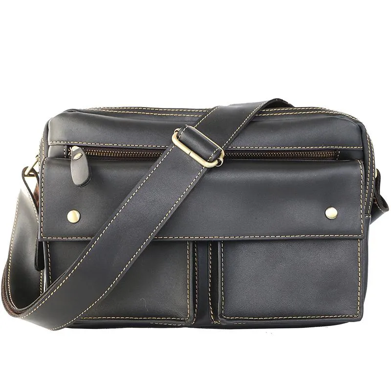 Black Leather Mens Casual 10" Courier Bags Messenger Bag Small Postman Bags For Men