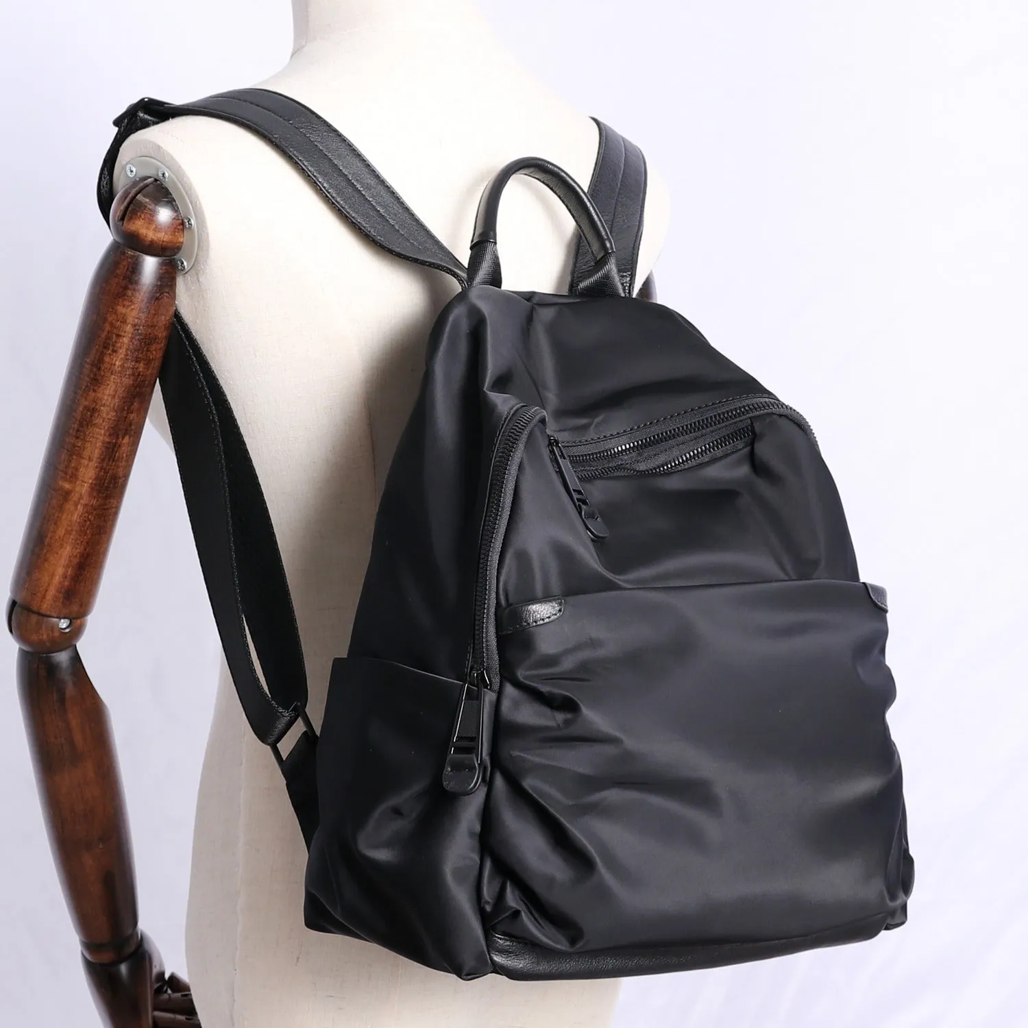 Black Nylon Backpack Womens School Backpack Purse Black Nylon Leather Travel Rucksack for Ladies