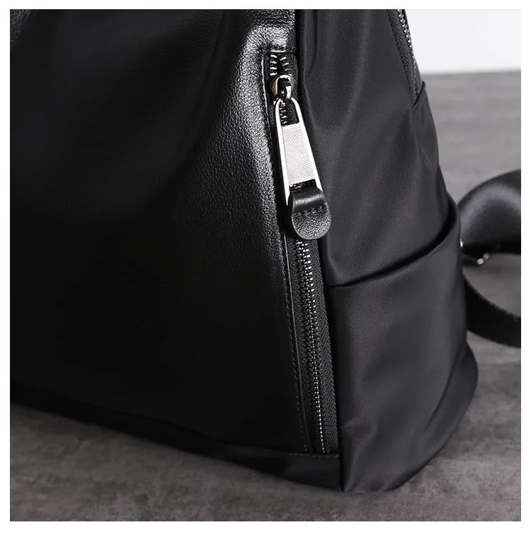 Black Nylon Satchel Backpack Womens Cute School Backpack Purse Black Nylon Leather Travel Rucksack for Ladies