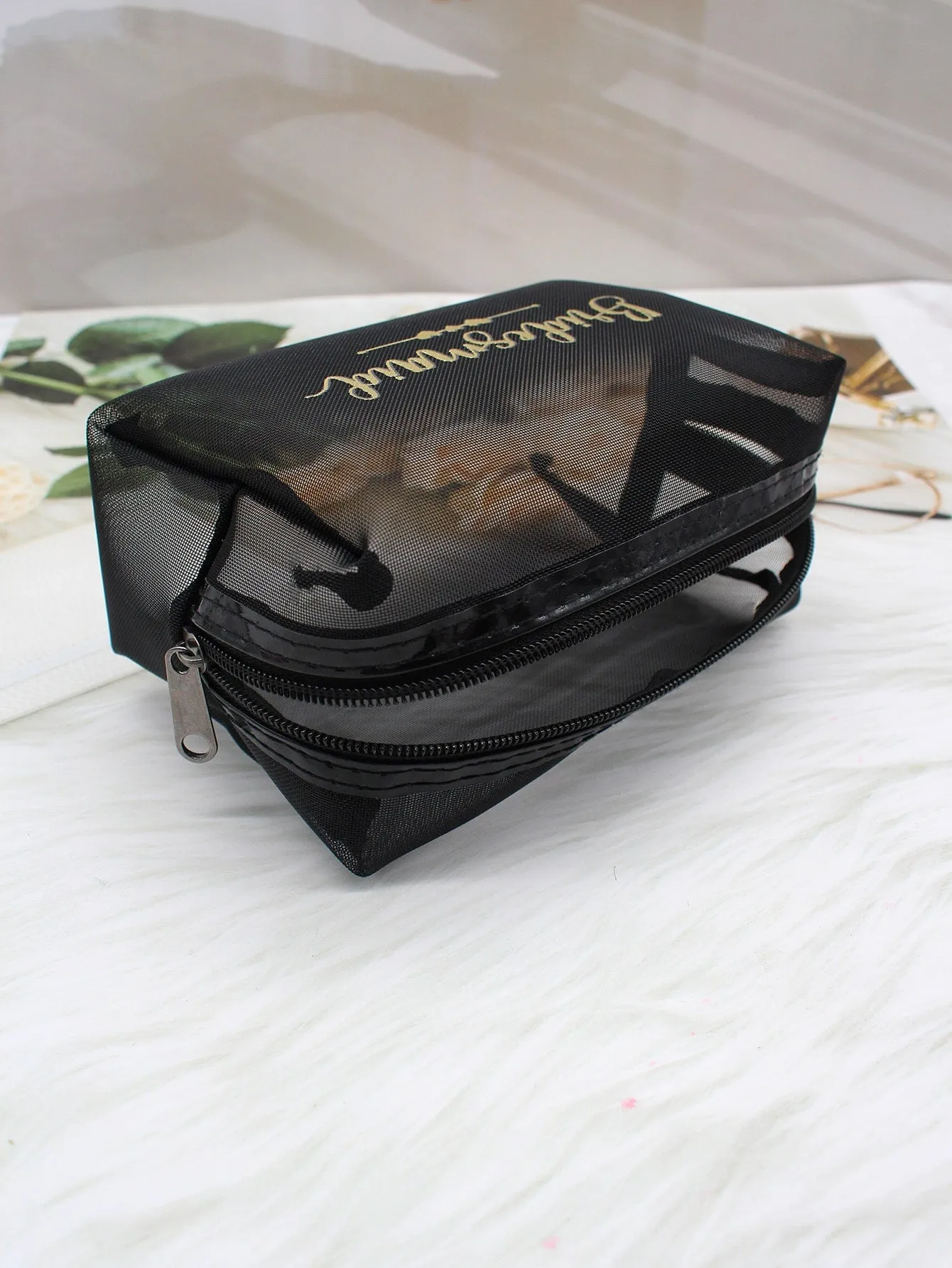 Bridesmaid Mesh Square Makeup Bag Cosmetic Organizer Toiletries Bag Makeup