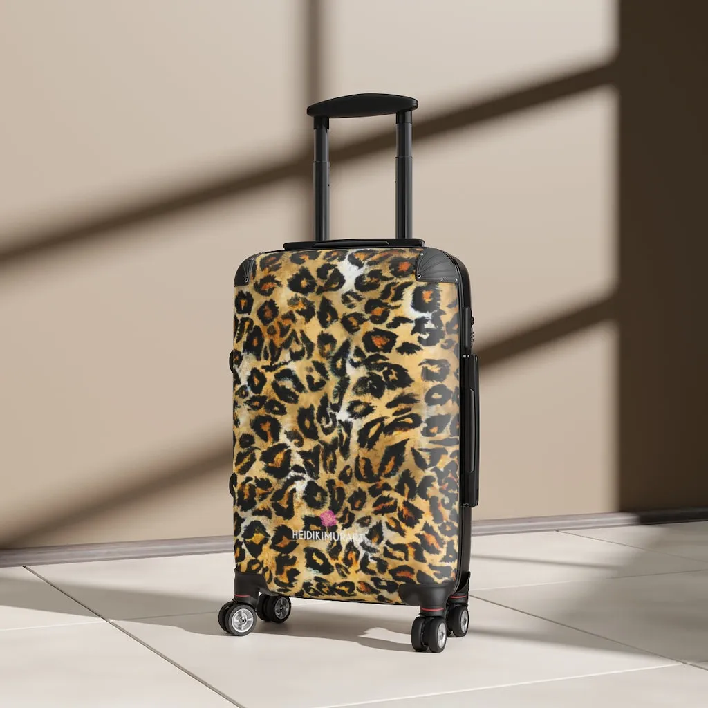 Brown Leopard Print Cabin Suitcase, Animal Print Small Premium Luxury Carry On Luggage For Men or Women