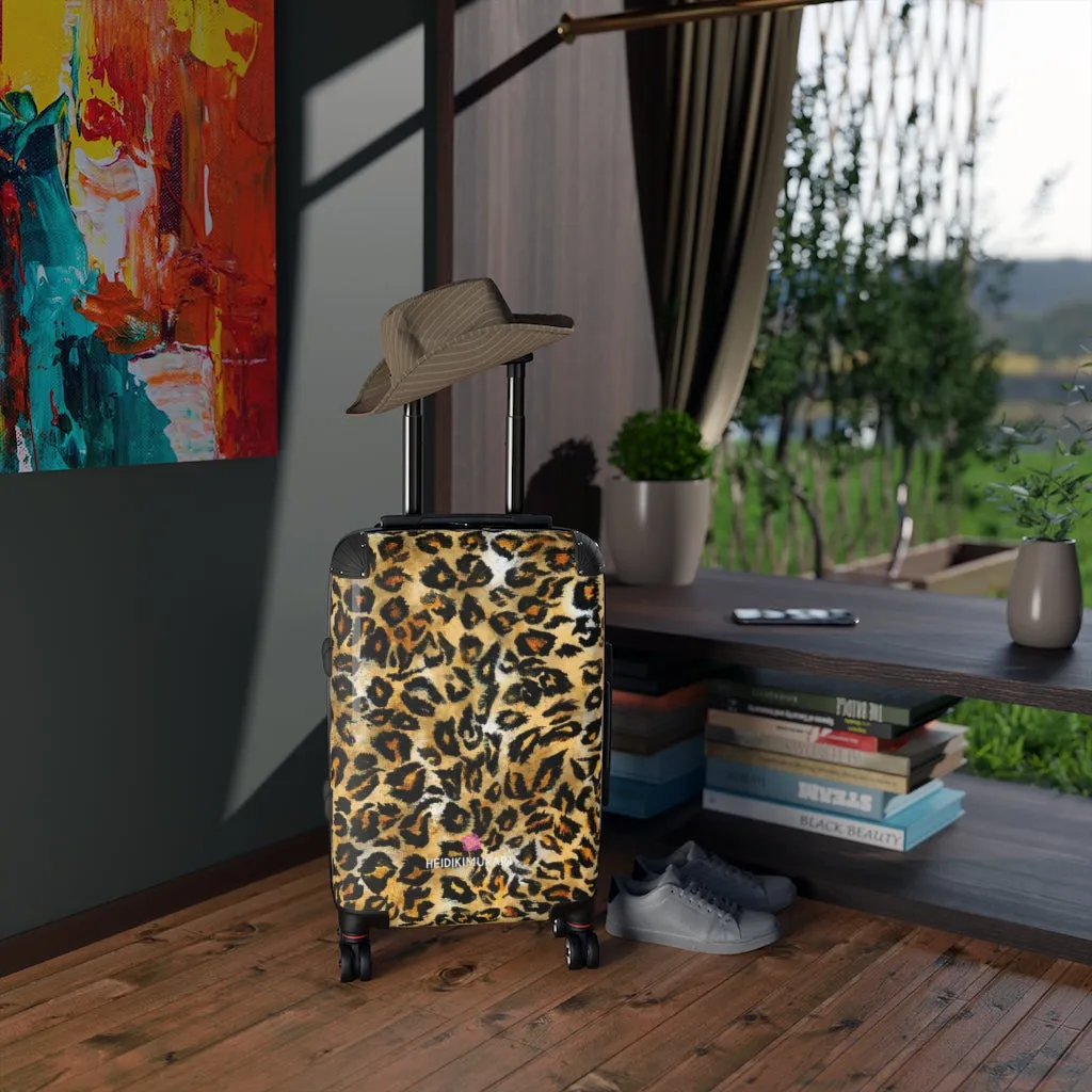 Brown Leopard Print Cabin Suitcase, Animal Print Small Premium Luxury Carry On Luggage For Men or Women