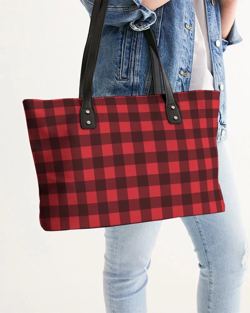 Buffalo Plaid Leather Tote Bag Purse, Black Red Checkered Vegan Faux Leather Handbag  Zip on Top Designer Shoulder Bag For Women