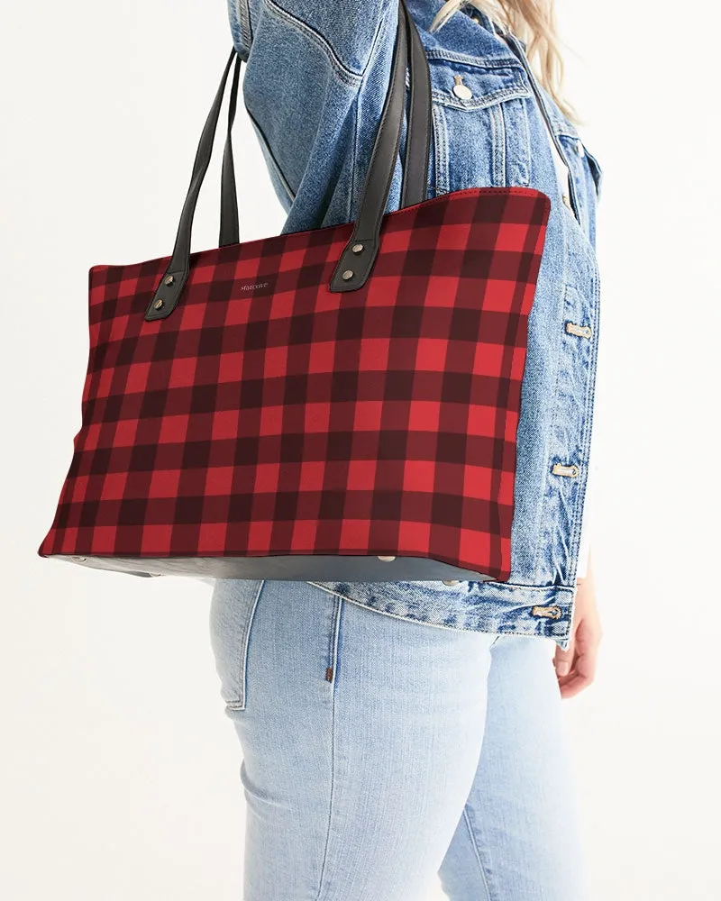 Buffalo Plaid Leather Tote Bag Purse, Black Red Checkered Vegan Faux Leather Handbag  Zip on Top Designer Shoulder Bag For Women