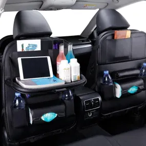 Car Seat-Back Organizer Leather with Foldable Stowable Table Tray