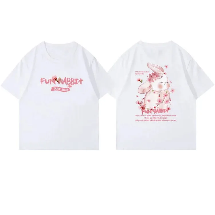 Cartoon Sakura Bunny Letter Print Cotton T-Shirt