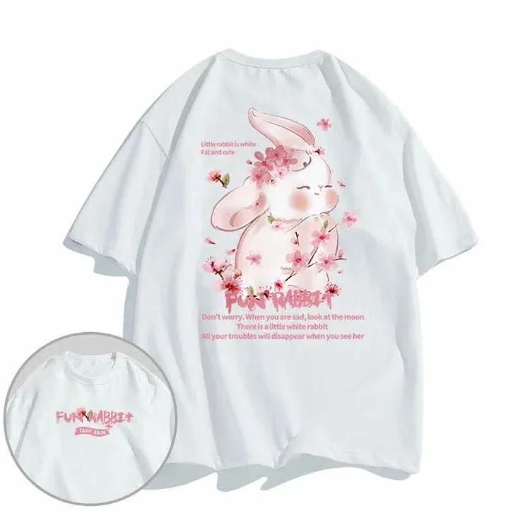 Cartoon Sakura Bunny Letter Print Cotton T-Shirt