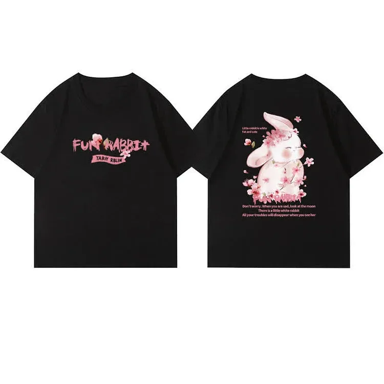 Cartoon Sakura Bunny Letter Print Cotton T-Shirt