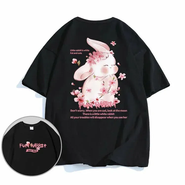 Cartoon Sakura Bunny Letter Print Cotton T-Shirt