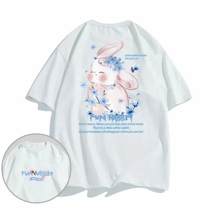 Cartoon Sakura Bunny Letter Print Cotton T-Shirt