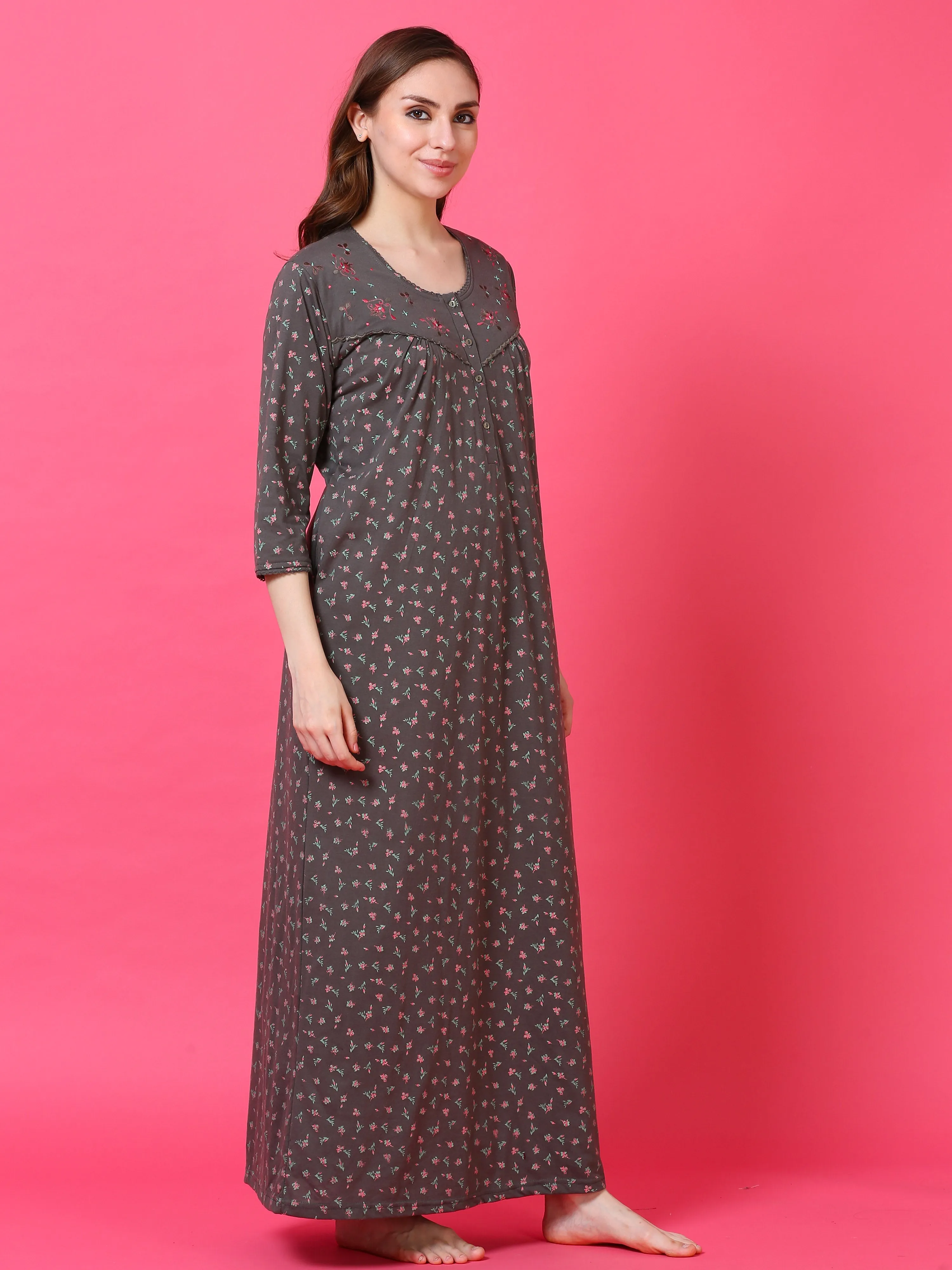 Cotton Blend Designer Maxi Nighty Dark Grey