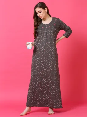 Cotton Blend Designer Maxi Nighty Dark Grey