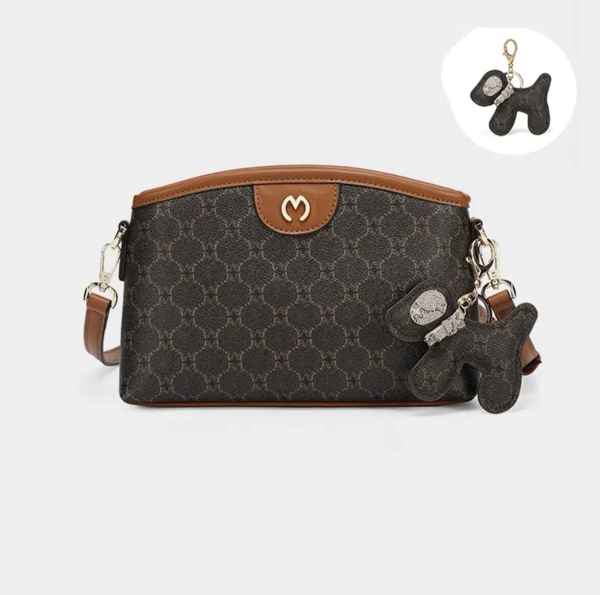 Cute Brown, Khaki & Beige Simple Minimalist Monogram Luxury PVC Leather Crossbody Bag for Women, Messenger Bag   Little Stuffed Dog Clip