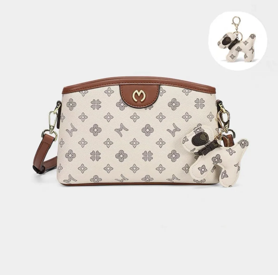 Cute Brown, Khaki & Beige Simple Minimalist Monogram Luxury PVC Leather Crossbody Bag for Women, Messenger Bag   Little Stuffed Dog Clip