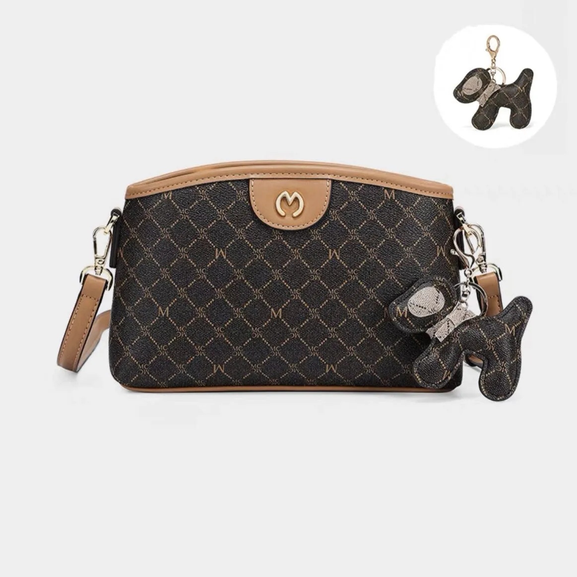 Cute Brown, Khaki & Beige Simple Minimalist Monogram Luxury PVC Leather Crossbody Bag for Women, Messenger Bag   Little Stuffed Dog Clip