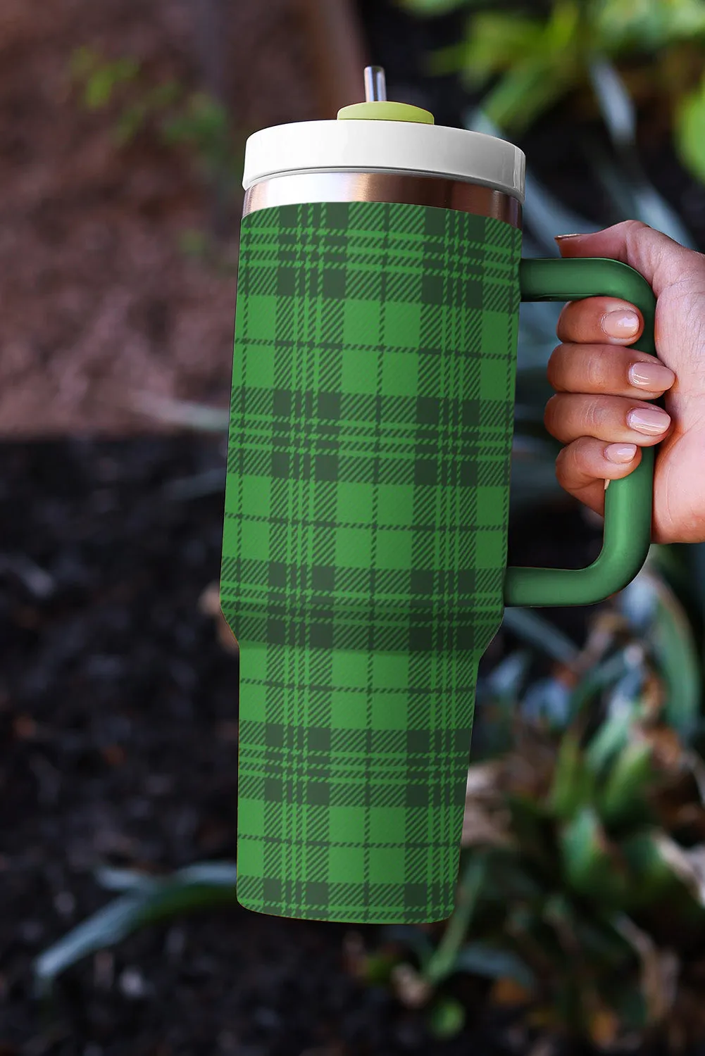 Dark Green Plaid Print Handle Stainless Vacuum Cup 40oz