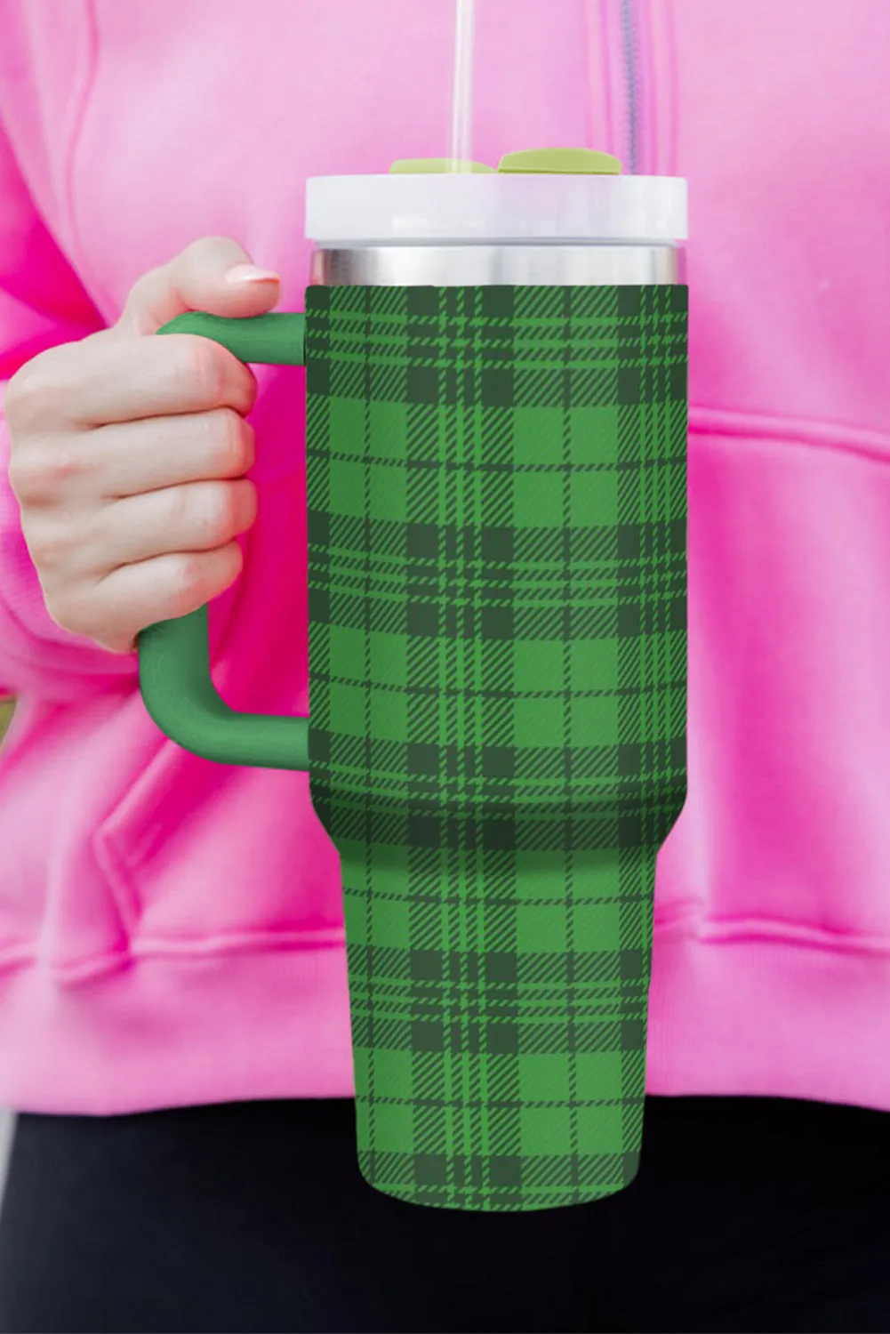 Dark Green Plaid Print Handle Stainless Vacuum Cup 40oz