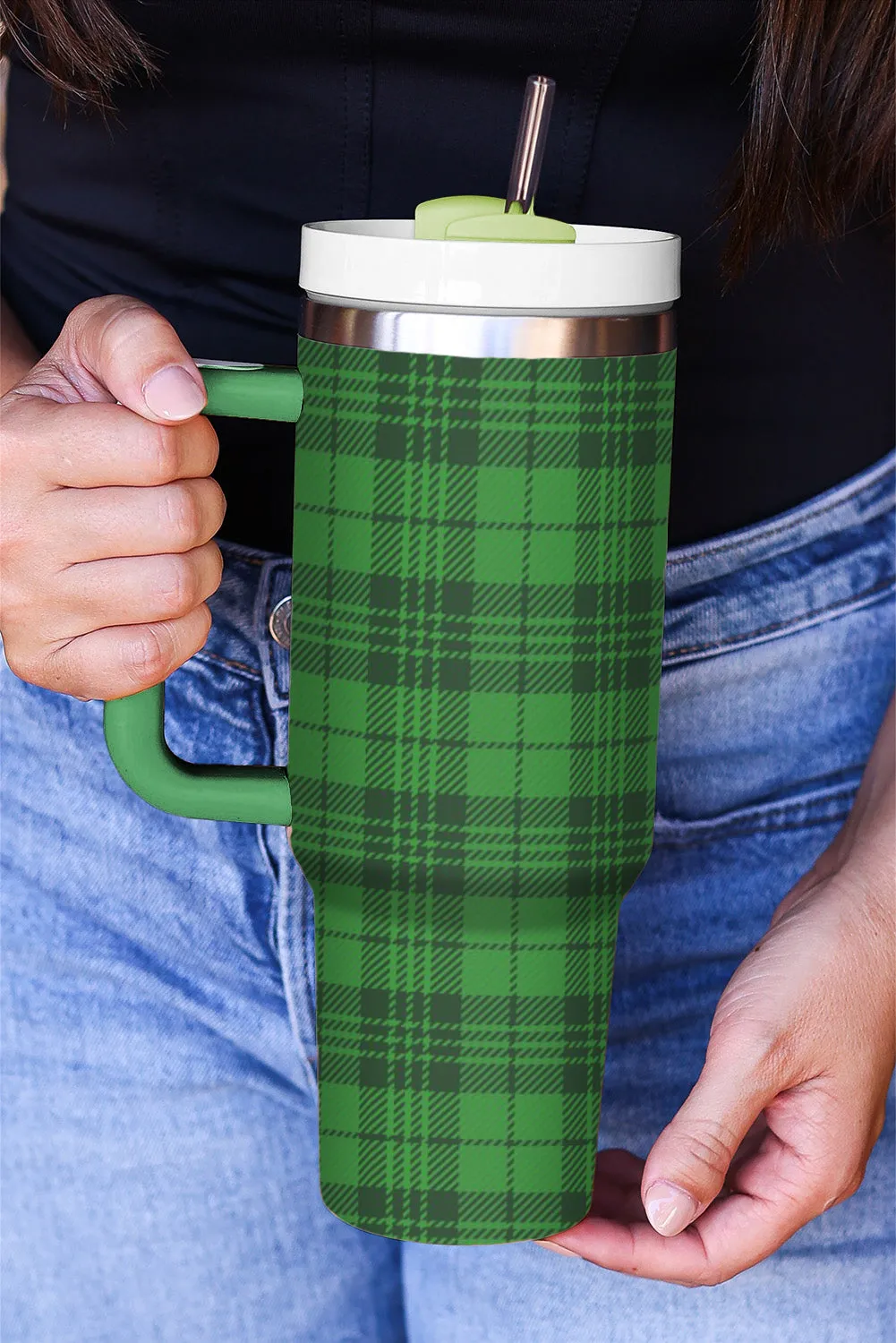 Dark Green Plaid Print Handle Stainless Vacuum Cup 40oz