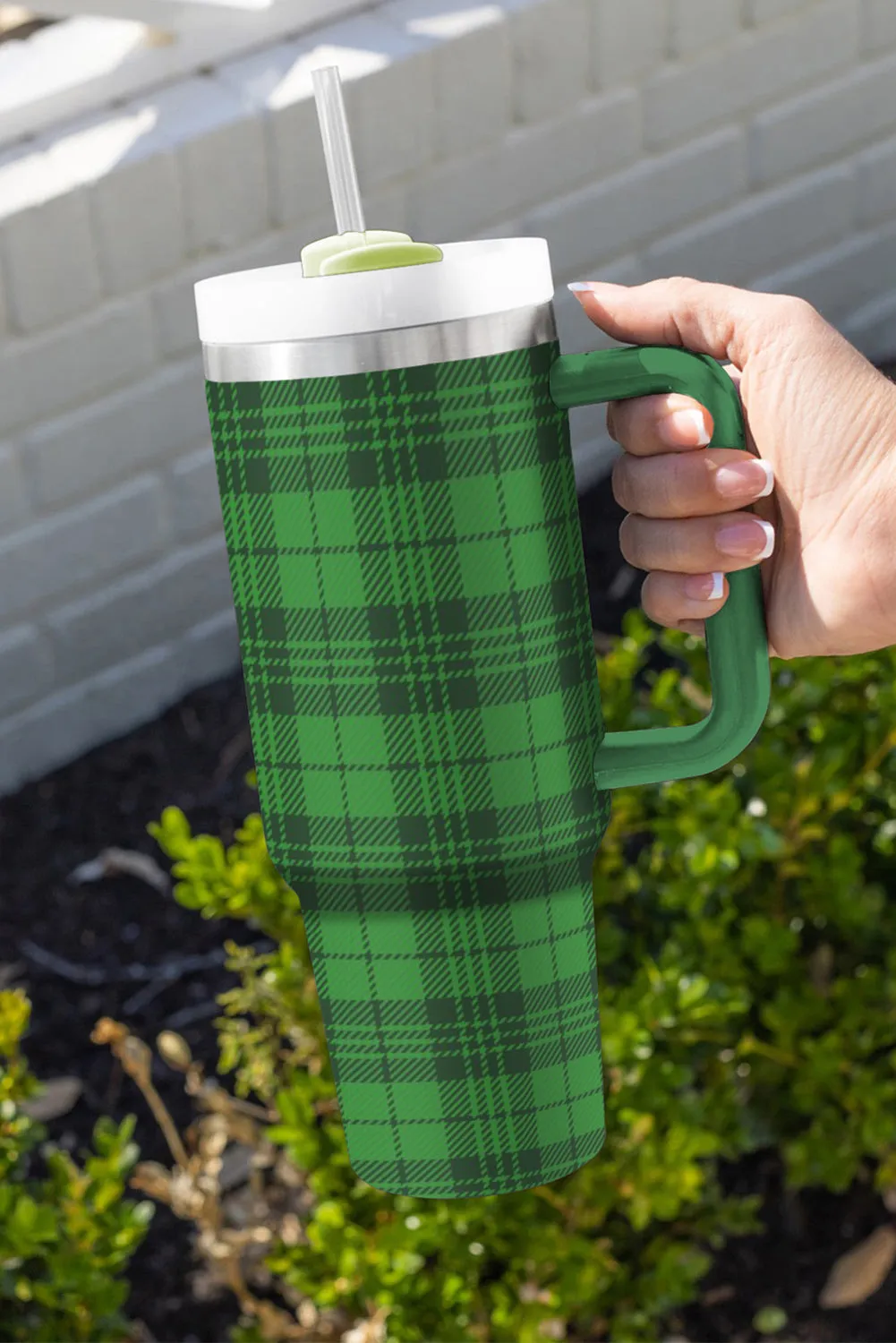 Dark Green Plaid Print Handle Stainless Vacuum Cup 40oz