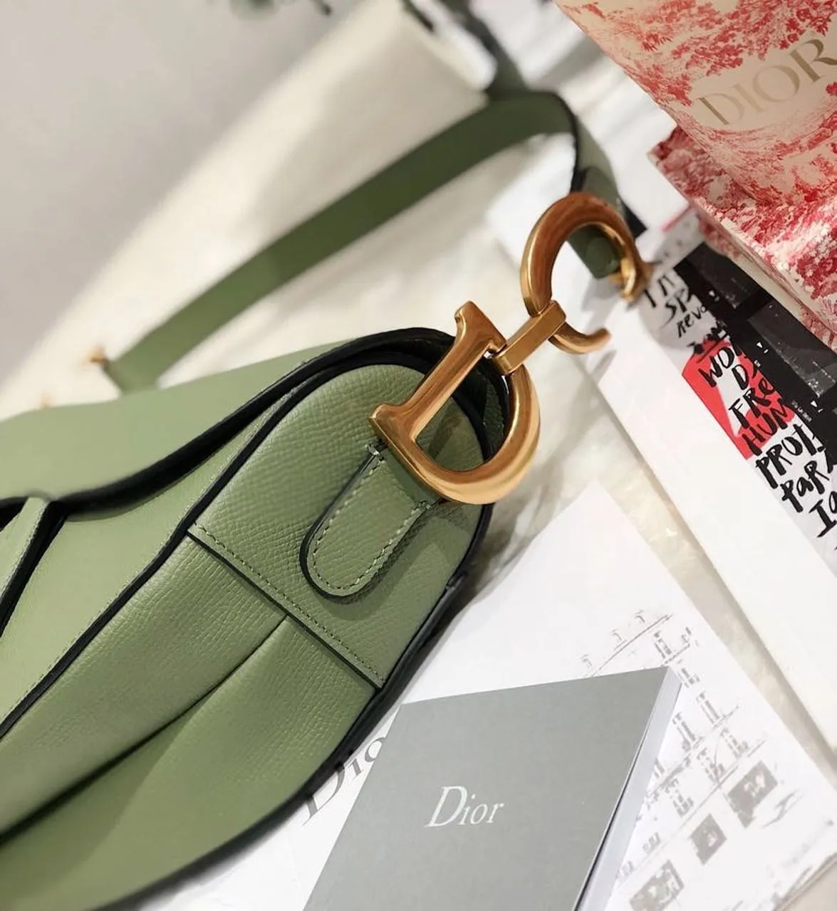 DI Cedar Green Grained Saddle Bag Gold Toned Hardware Canvas For Women 25cm/10in CD M0446CBAA_M67H