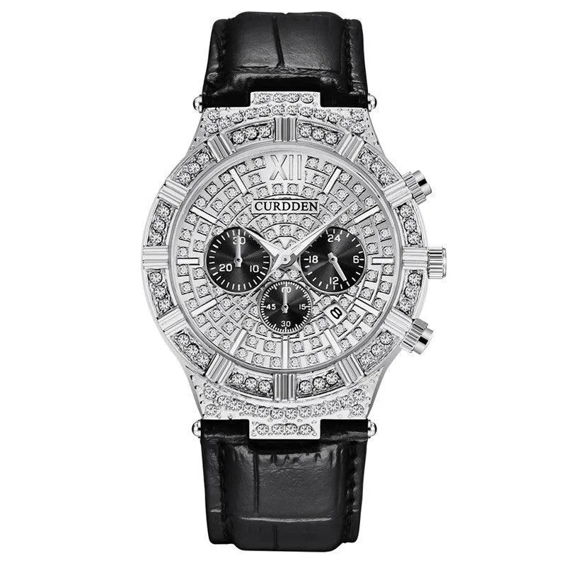 Diamond-embedded Fake Three-Eye Men's Fashion Belt Quartz Watch