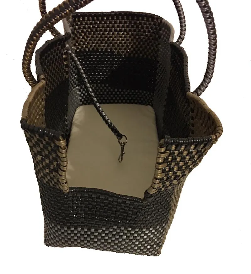 Dog Totes-Handwoven Light Weight Recycled Material-Bronze   Black Plaid