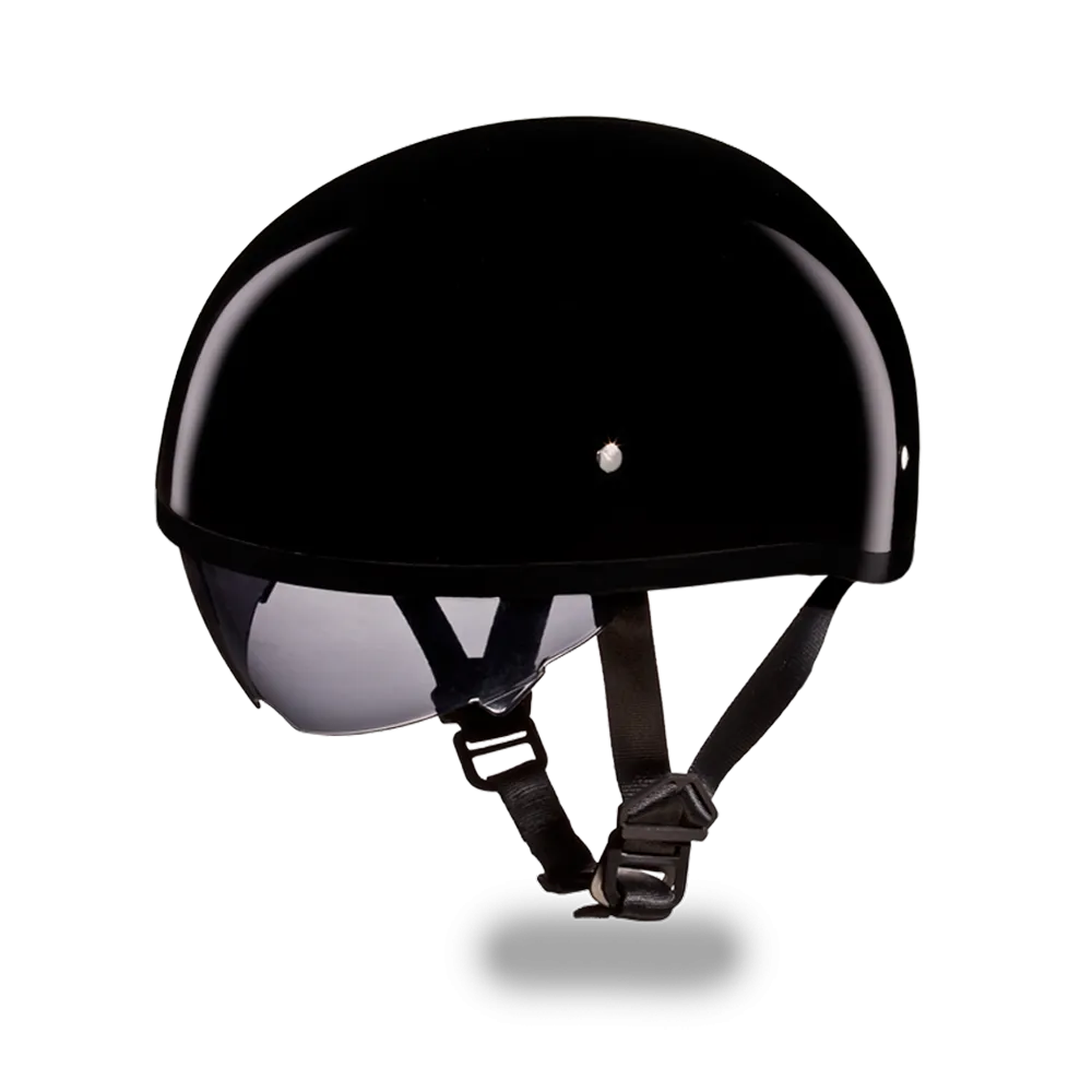 D.O.T Skull Cap Motorcycle Helmet with Inner Retractable Smoke Shield Gloss Black No Visor