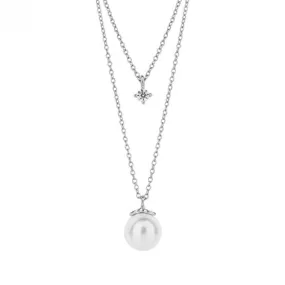 Double Chain Shell Pearl Diamond Shaped Zirconia Necklace N4496