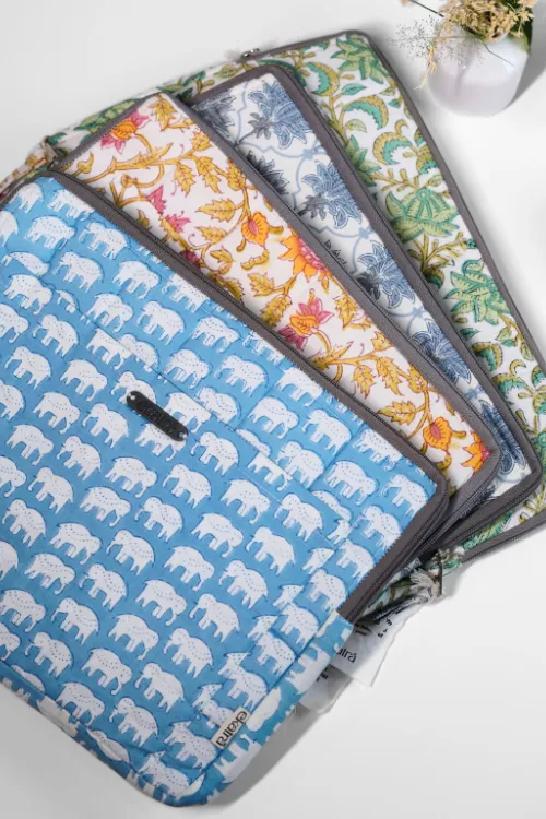 Ekatra Elephant Motif Sustainable Handmade Cotton Laptop Sleeve/Laptop Cover