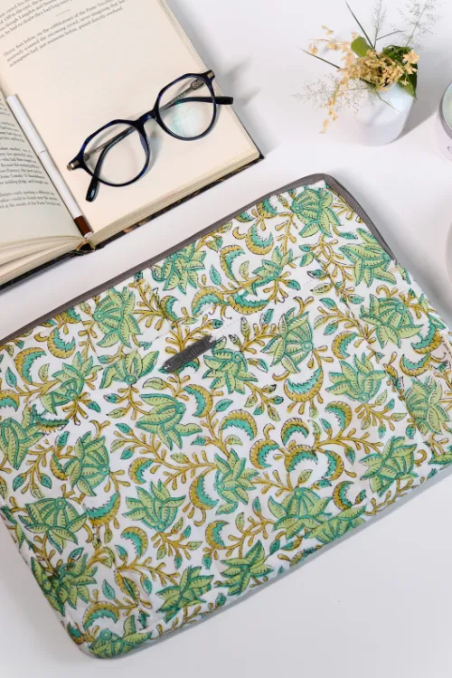 Ekatra Green Floral Sustainable Handmade Cotton Laptop Sleeve/Laptop Cover