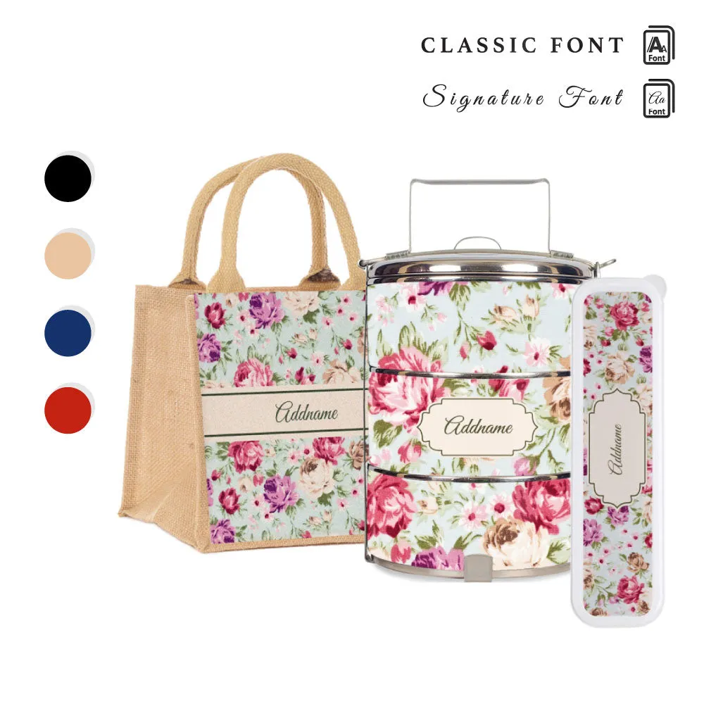 Flora Carnation Tiffin Carrier, Jute Tote Bag  & Cutlery Set [FREE Custom Add Name]