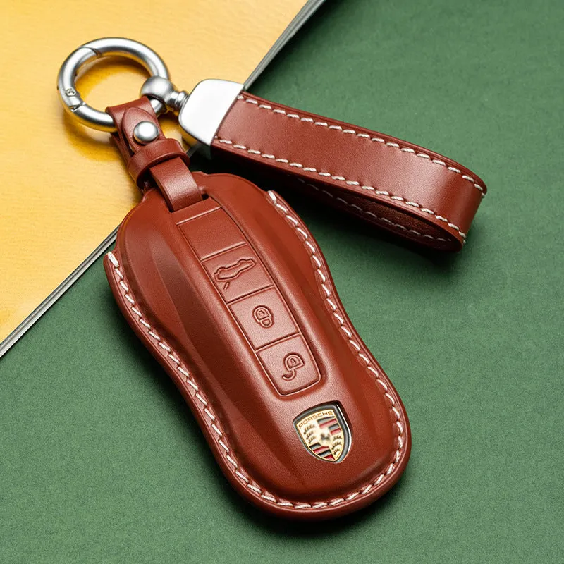 For Porsche Cayenne Taycan Key Cover Panamera Macan718/911 Car Key Protective Shell Genuine Leather Bag