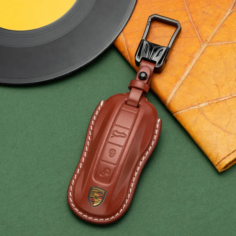 For Porsche Cayenne Taycan Key Cover Panamera Macan718/911 Car Key Protective Shell Genuine Leather Bag