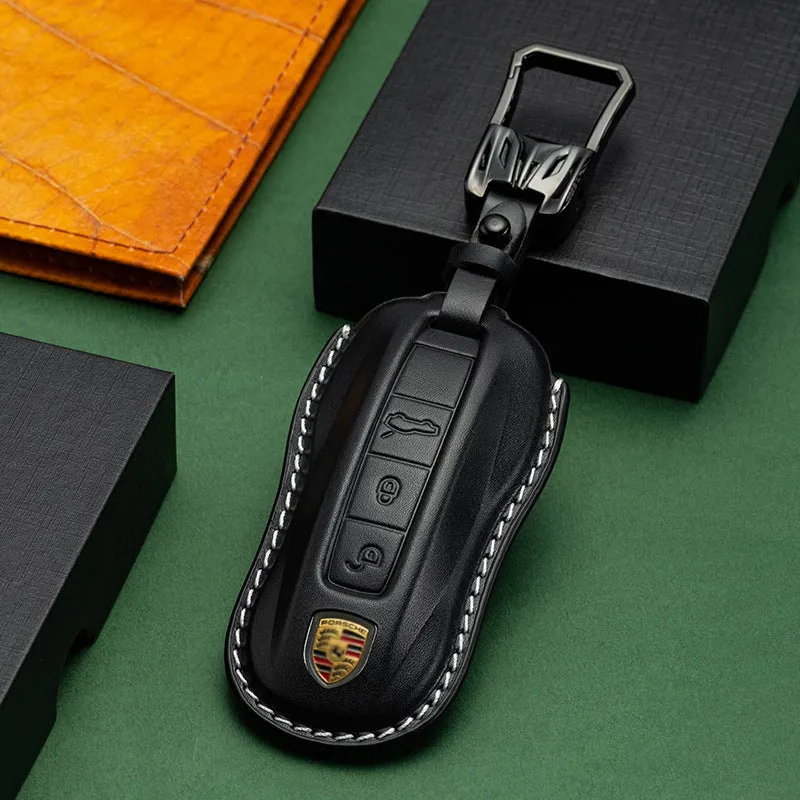 For Porsche Cayenne Taycan Key Cover Panamera Macan718/911 Car Key Protective Shell Genuine Leather Bag