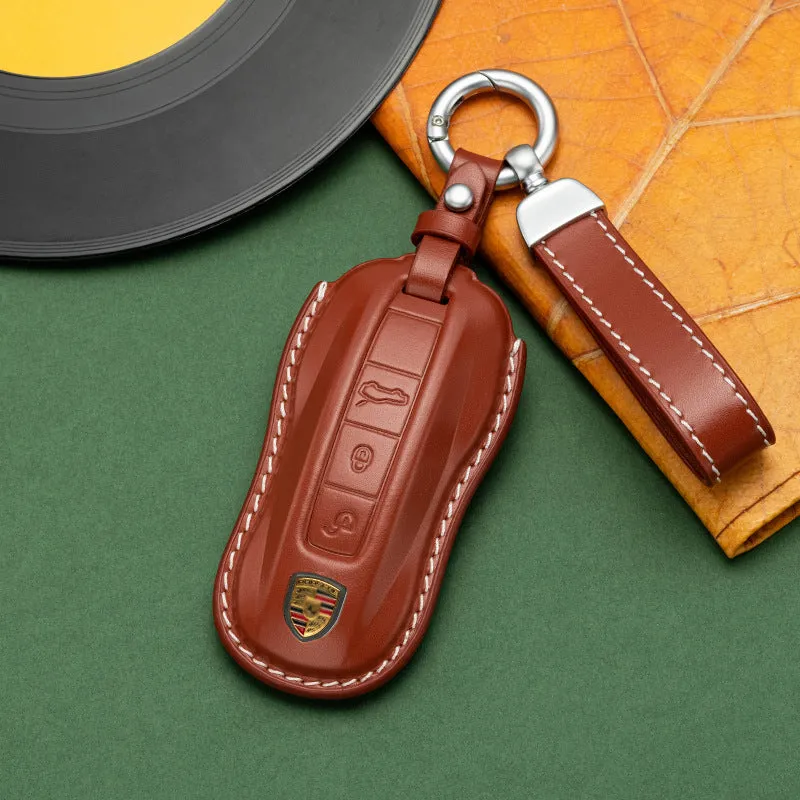 For Porsche Cayenne Taycan Key Cover Panamera Macan718/911 Car Key Protective Shell Genuine Leather Bag