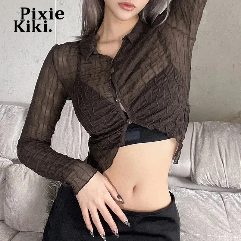 Frill Mesh Sexy Long Sleeve Shirts for Women See Through Brown Ladies Tops and Blouses 2023 Fashion Clothes P94-BF15