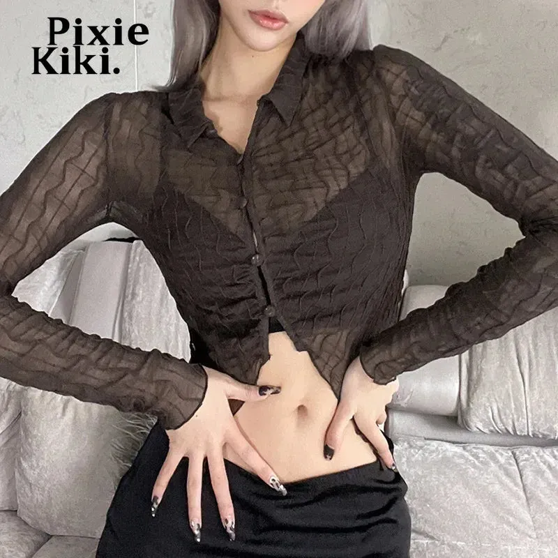 Frill Mesh Sexy Long Sleeve Shirts for Women See Through Brown Ladies Tops and Blouses 2023 Fashion Clothes P94-BF15