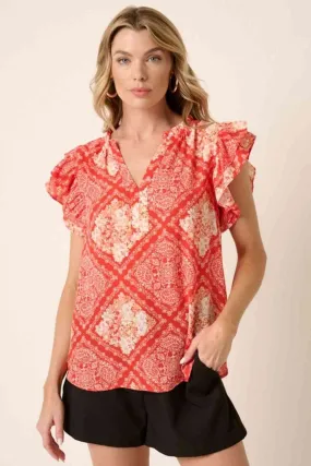 Full Size Printed Butterfly Sleeve Blouse